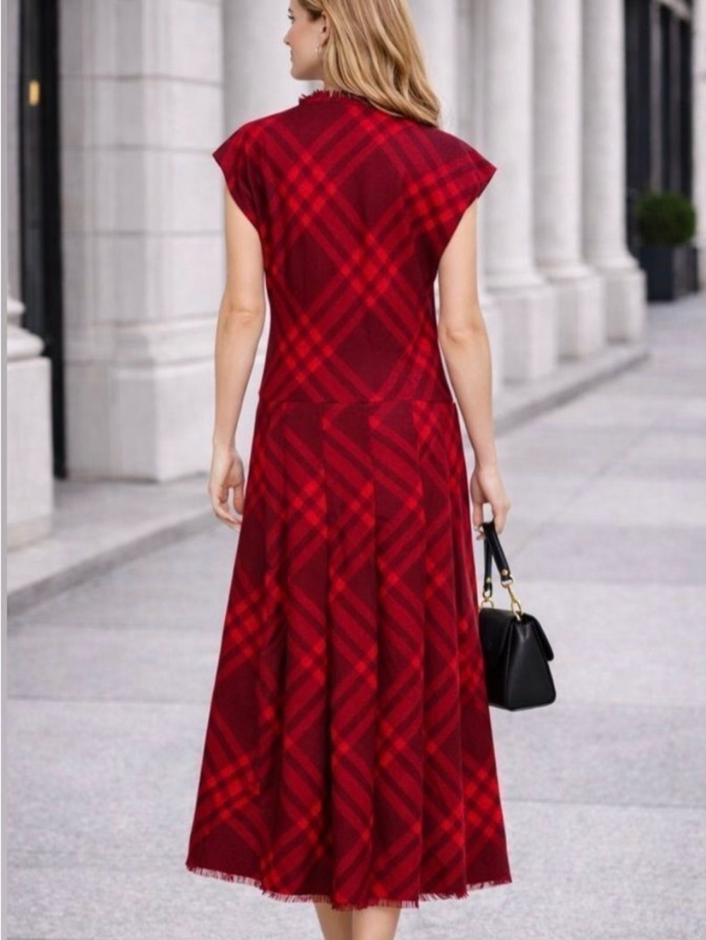 Burberry Red Plaid Cowl-Neck Midi Dress - Picture 2 of 11